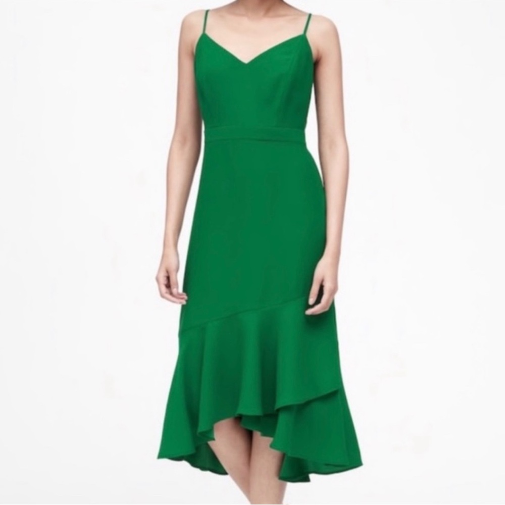 Banana Republic V Neck Mermaid Kelly Green Midi Ruffle Sz 2 Cocktail Fairy Dress